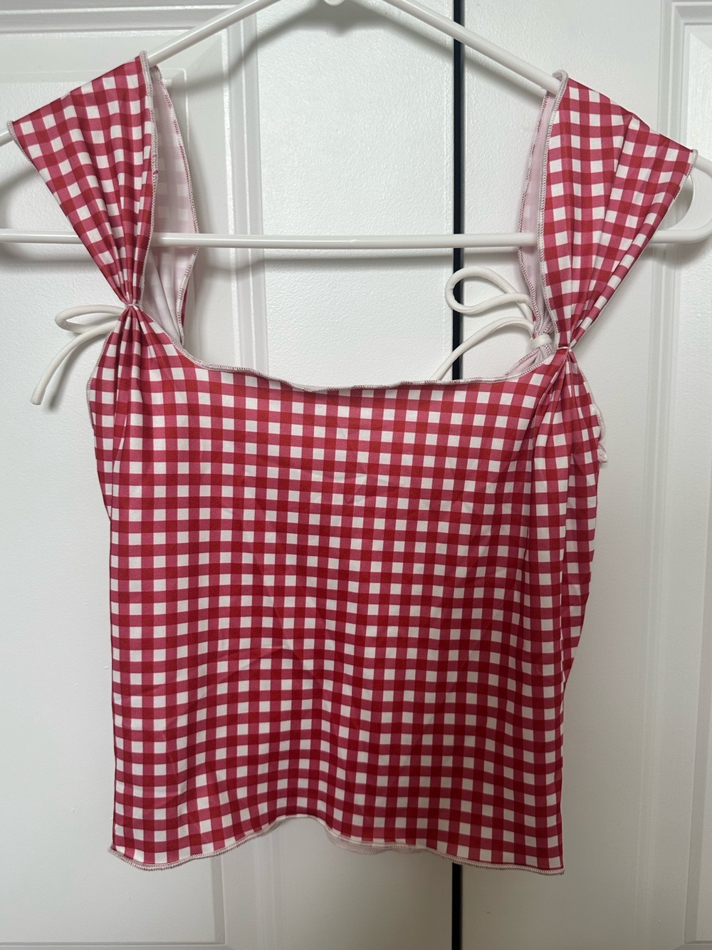 Red gingham bow tied straps tank top - Picture 2 of 2